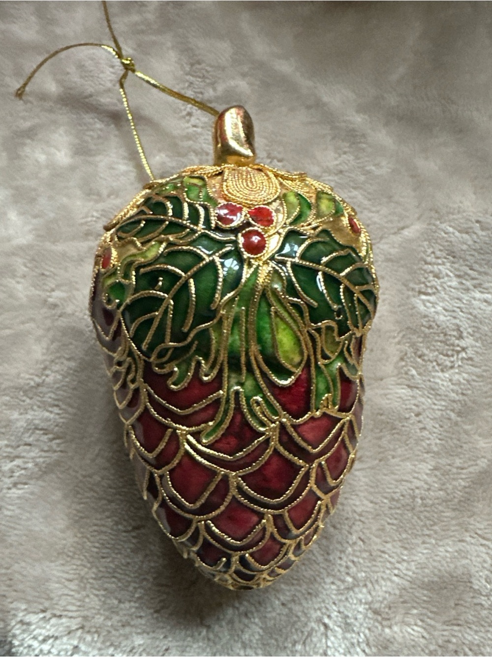 Vintage Festive Green and Red Pinecone Ornament with Gold Filigree